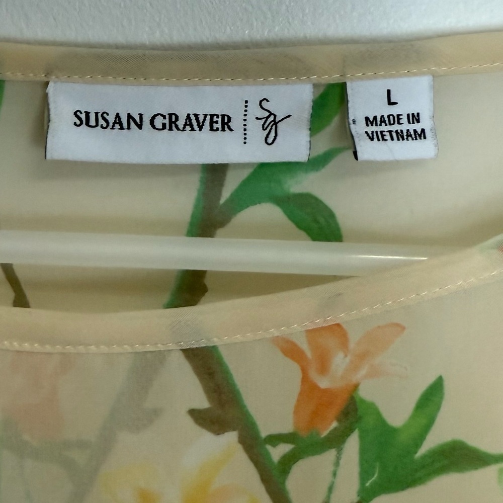 Susan Graver Blouse Womens Size Large Split Sleeve Orange Green Sheer Floral Top - Picture 5 of 10